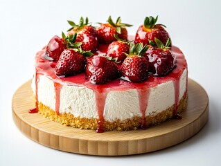 Whole Strawberry Cheesecake with Fresh Strawberries and Syrup Drizzle on Wooden Board