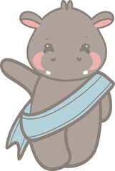 Cute Cartoon Hippo Character Illustration with Sash
