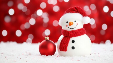 Fototapeta premium Snowman with red scarf, red ornament, snowy winter wonderland scene.