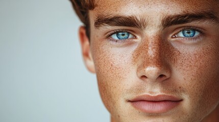 Fototapeta premium Close up Portrait Freckles Fair Skin Blue Eyes Man Face