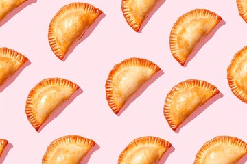 Obraz premium Un motif d'empanadas dorées sur un fond rose pastel, créant une esthétique joyeuse et gourmande..
