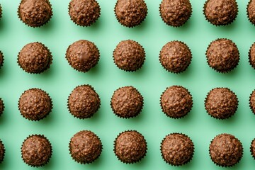 Rang&eacute;es de truffes au chocolat sur un fond vert menthe pour une apparence d&eacute;cadente et sucr&eacute;e..