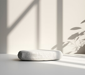 Stone podium in a white room with a shadow from the window. Stand for showcase, cosmetic, jewelry advertising.	
