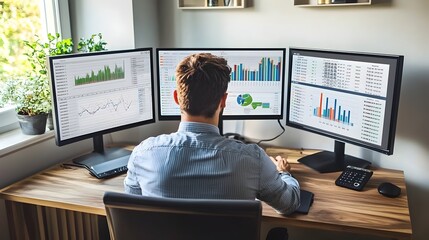 Manager Analyzing Supply Chain Data on Multiple Screens in Modern Office