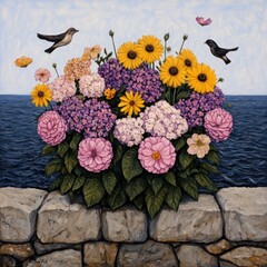 Fototapeta premium Colorful flowers in a stone wall by the sea with birds and butterflies.
