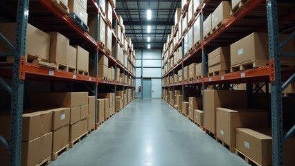 Modern storage warehouse with shelves filled with boxes, featuring an efficient inventory system to maintain high stock levels