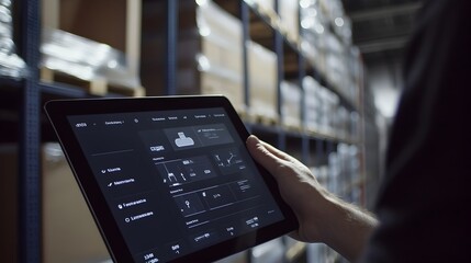 Close-up View of Digital Inventory Management Software on Tablet for Real-Time Warehouse Tracking