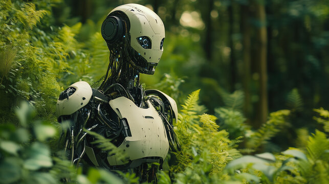 Futuristic bio-robot powered by photosynthesis stands in a sunlit greenhouse, blending advanced technology with nature, highlighting the concept of sustainable, eco-friendly artificial intelligence.