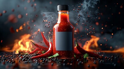 Hot sauce bottle exploding with chili peppers and spices in fiery background