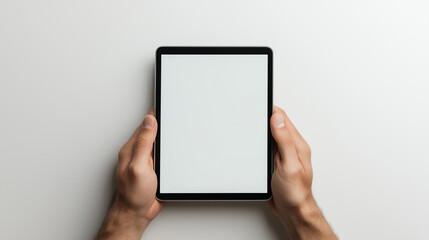 image shows a tablet mockup being held by two hands, with a blank white screen, providing a space for design or content insertion.