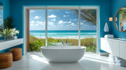 Fototapeta premium Luxurious bathroom with large tub, expansive window, natural light.