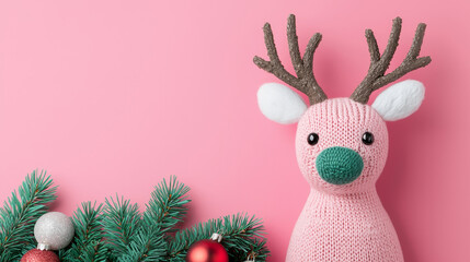 Naklejka premium A cute knitted reindeer with pink body and green nose, alongside a festive arrangement of pine and ornaments, set against a soft pink background.