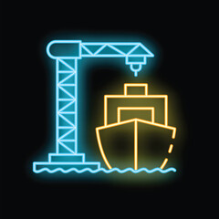 Bright neon icon of a cargo ship being loaded by a crane at night