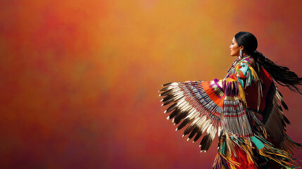 Native American woman wearing a traditional jingle dress with colorful feathers, standing gracefully against a warm gradient background, symbolizing cultural heritage and artistic expression.