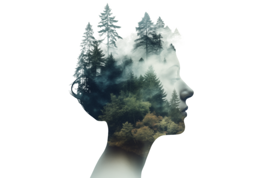 Double exposure of woman head and forest isolated on transparent background., conceptual photo.