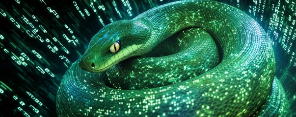 Obraz premium Green snake coiled around digital data stream representing cyber crime