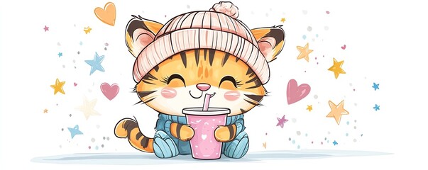 Fototapeta premium Cute cartoon tiger cub wearing a cozy beanie
