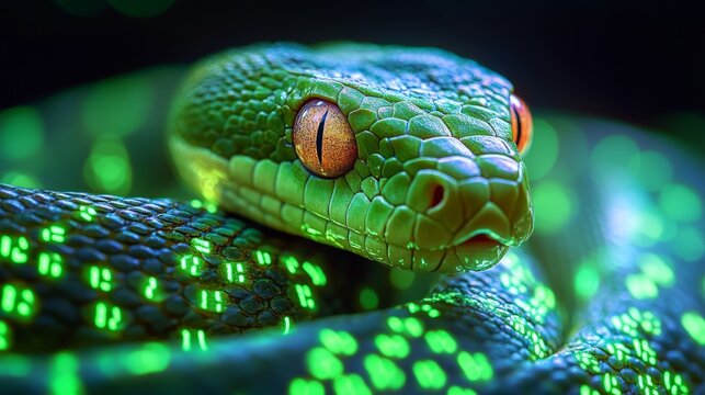 Green snake showing binary code pattern emerging from its skin
