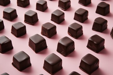 Rang&eacute;es de carr&eacute;s de chocolat noir sur un fond rose doux, cr&eacute;ant une sensation riche et gourmande..