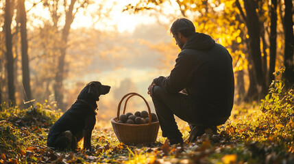 A truffle hunter and his loyal dog in a sunlit forest, examining their harvest after a successful hunt, with a basket of fresh truffles nearby.