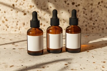 Three Amber Glass Dropper Bottles with White Labels on a Light Beige Surface
