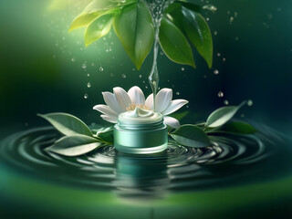 A white flower and green leaves float on a pond with ripples of water. A jar of white cream sits on a floating leaf.
