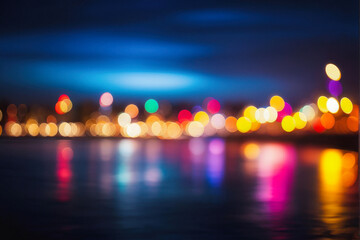 Out-of-focus colorful holiday lights against a dark background creating a soft bokeh effect, ideal for festive or abstract themes. Generative AI