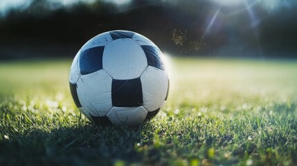 Fototapeta premium Classic Black and White Soccer Ball Resting on Vibrant Green Grass, Bathed in Golden Sunset Light