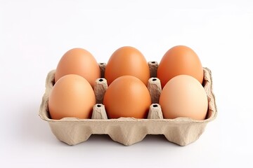 Brown chicken eggs in carton on white background text space available