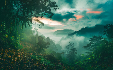 Misty tropical rainforest,  clouds rolling over mountains, ethereal atmosphere, foggy landscape.