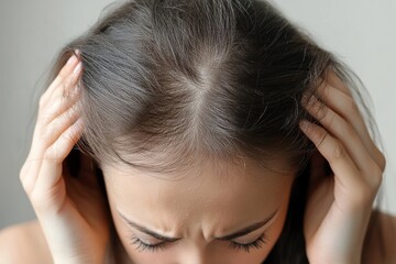 Fototapeta premium Young woman worrying about her thin hair and hair fall, Generative AI