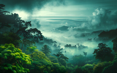 Fototapeta premium Misty tropical rainforest, lush green canopy, clouds rolling over mountains, ethereal atmosphere, foggy landscape,