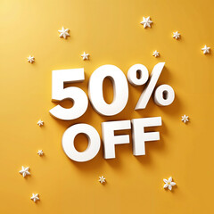 3d 50% off golden banner. Sale. Inscription. Discount
