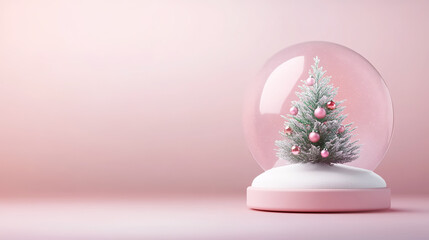 Beautiful snow globe featuring decorated Christmas tree, surrounded by soft pink hues