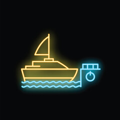 Neon sign of a yacht illuminated in yellow and blue neon light