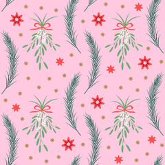 Whimsical Christmas seamless pattern with pine tree branches, mistletoe and various colorful stars on pink background. Festive winter design for seasonal projects, packaging, scrapbooking, etc.