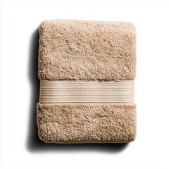 Folded beige bath towel with soft fibers showcases warmth and comfort on a white backdrop