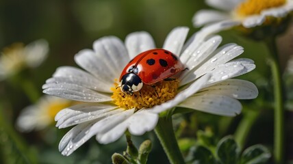 Fototapeta premium Ladybug Resting on Cluster of White Flowers in Natural Setting