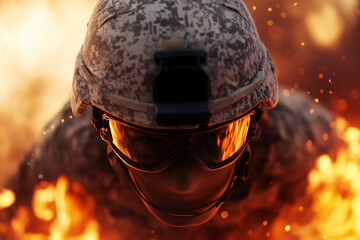Soldier Emerging from Flames in Combat