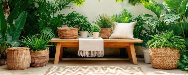 A cozy outdoor seating area adorned with lush greenery, woven baskets, and a neutral-toned blanket, creating a serene and inviting atmosphere.