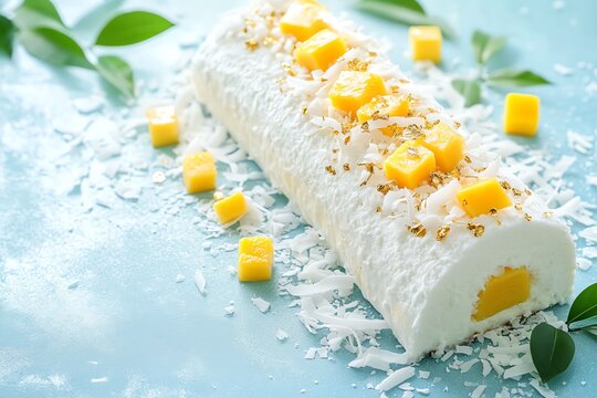 B&ucirc;che de No&euml;l tropicale &agrave; la noix de coco et mangue, d&eacute;cor&eacute;e de copeaux de noix de coco, cubes de mangue et feuilles d'or comestibles sur un fond bleu clair..