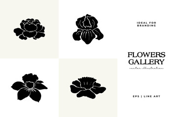 Woman with Flowers linocut Drawing. Female Figure Minimalist Illustration. Modern Trendy Line Art Drawing for Beauty Logo, Wall Decor, Fashion Minimal Print, Poster, Social Media.