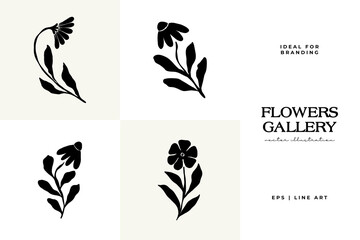 Woman with Flowers linocut Drawing. Female Figure Minimalist Illustration. Modern Trendy Line Art Drawing for Beauty Logo, Wall Decor, Fashion Minimal Print, Poster, Social Media.