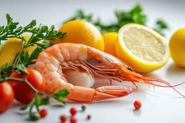 A large shrimp with lemon wedges, cherry tomatoes, parsley, and peppercorns on a white background.
