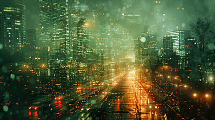 Fototapeta premium Rain-drenched cityscape with vibrant lights and a bokeh effect.