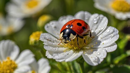 Fototapeta premium Red Ladybug with Dew on White Flower Petals in Garden
