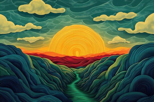 Vibrant sunset over rolling hills, swirling patterns, colorful clouds