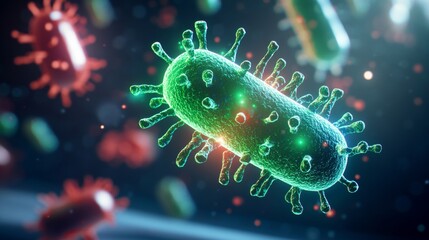 Obraz premium A colorful 3D representation of bacteria, showcasing their vibrant structures against a blurred background of other microorganisms.