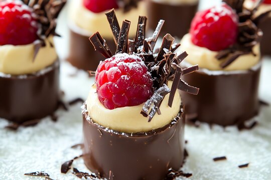 Mini-b&ucirc;ches individuelles au chocolat et &agrave; la framboise, d&eacute;cor&eacute;es de copeaux de chocolat pour un dessert &eacute;l&eacute;gant et festif..