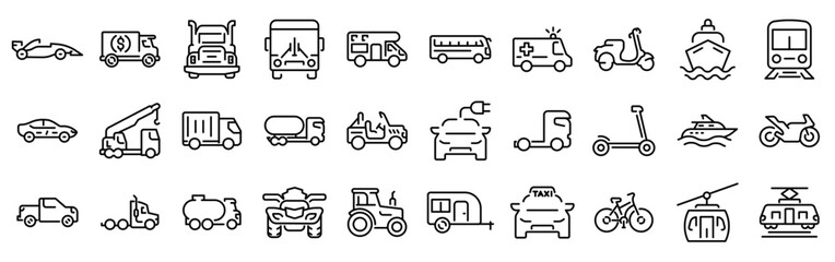 Transport web line icons. Containing car, bike, plane, train, bicycle, motorbike, bus and scooter. Editable stroke. Vector illustration